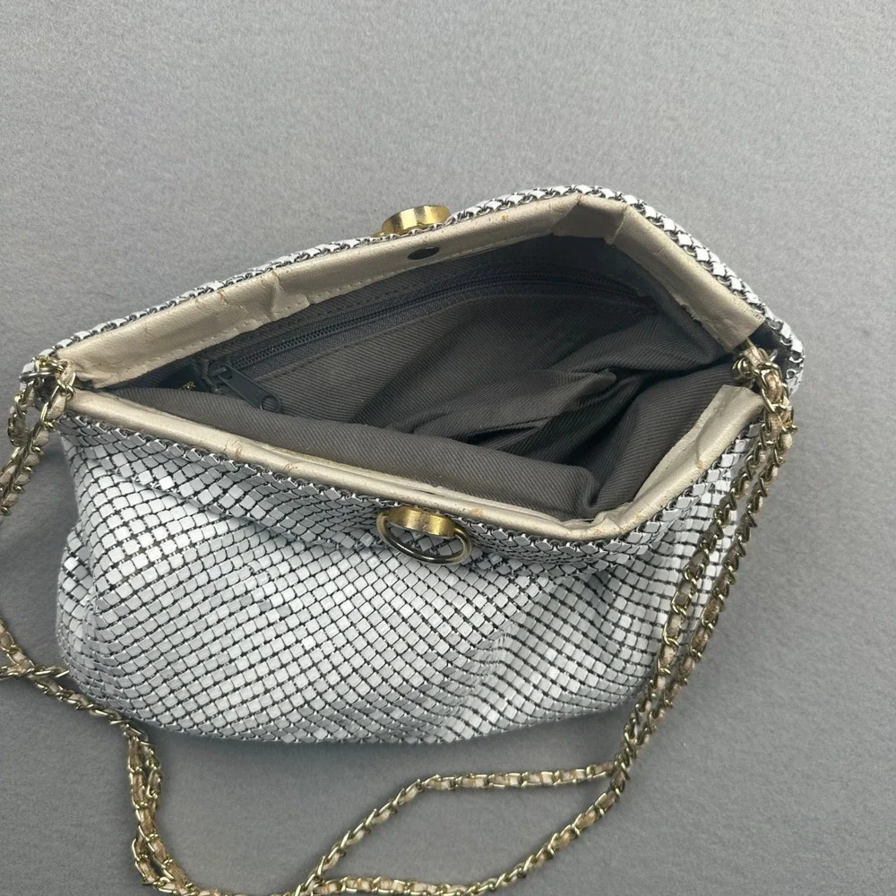 Bueno Vintage Sequin White Metal Mesh Shoulder Bag Gold Tone Chain Strap